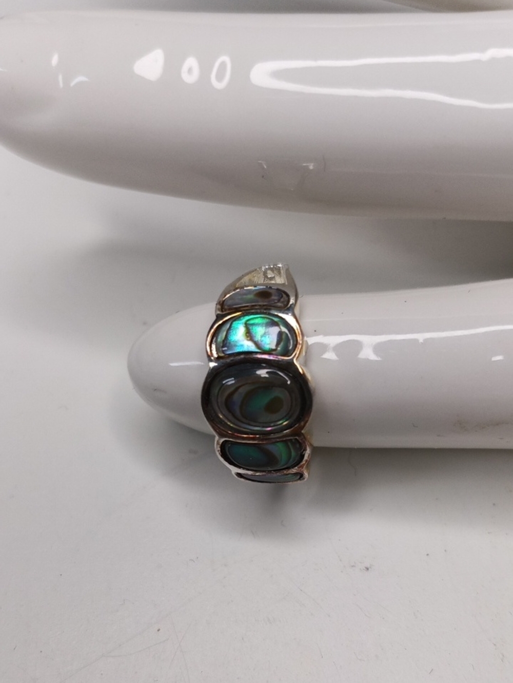 Sterling Abalone Shell Inlay Ring - Iridescent Green Blue - Size 5
